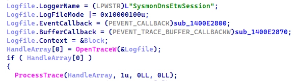 Вызов OpenTraceW() для начала получения событий и указания callback-функции обработчика событий